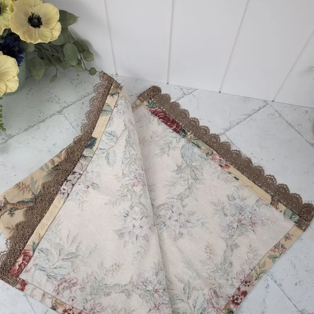 Beige Jacquard Floral Table Runner with Gold Lace Trim French Country Cottage